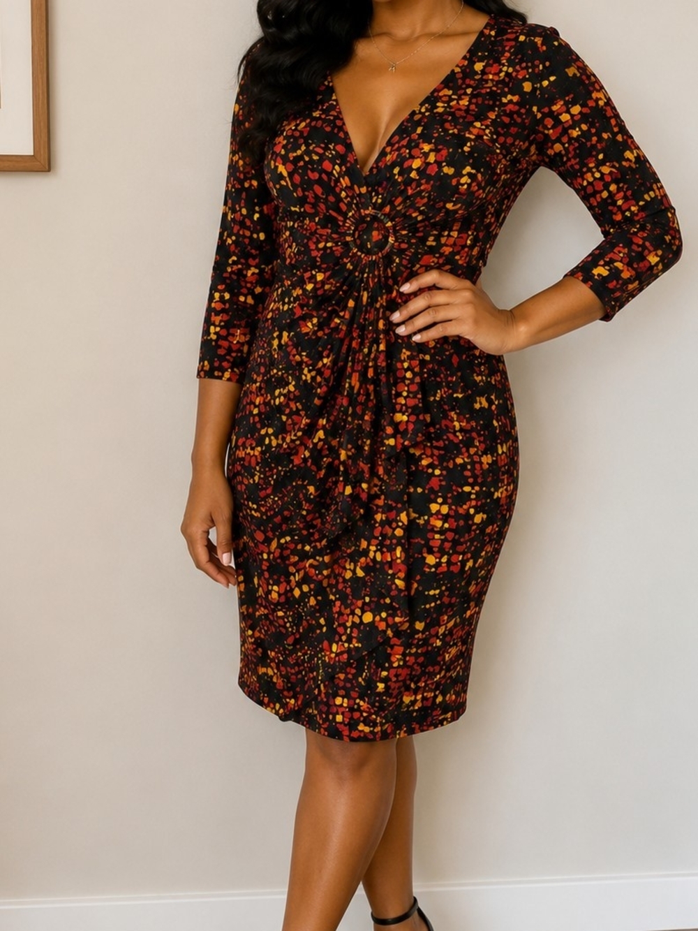 Glamour Black V-Neck Ruched Midi Dress with Red & Yellow Dot Print
